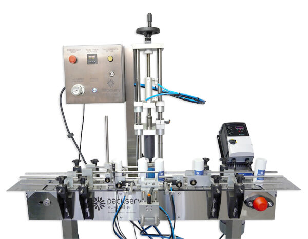 Conveyor PSC-6-1.2 with PCM-1A-E Capper in Packserv’s automated packaging setup