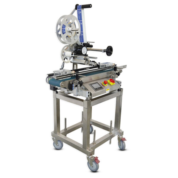 ELF-20 top wipe-on labeller side view on mobile trolley