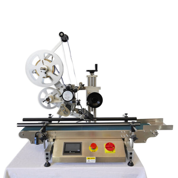 ELF-20 top wipe-on labeller on benchtop – side angle view