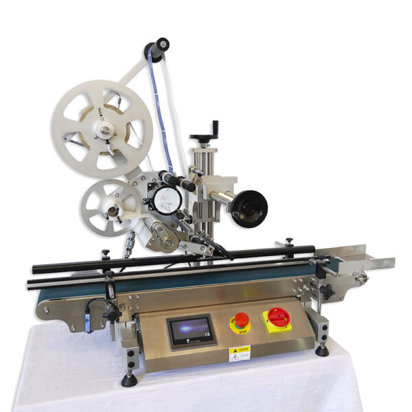 ELF-20 Automatic Top Labeller mounted on a benchtop with roll-fed label applicator