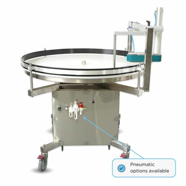Packserv PST-8 Pneumatic Sorting Table with stainless steel finish and guide rails for precise sorting in manufacturing lines.