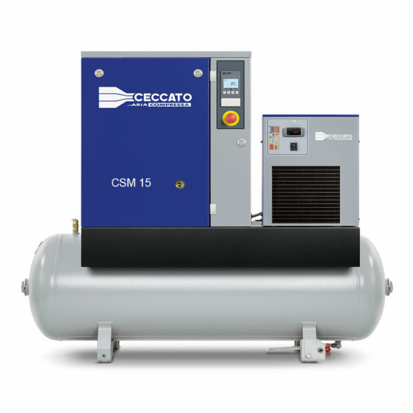 Ceccato CSM 15/8 Tank and Dryer Screw Compressor, showcasing its compact yet robust design, ideal for various industries' compressed air needs