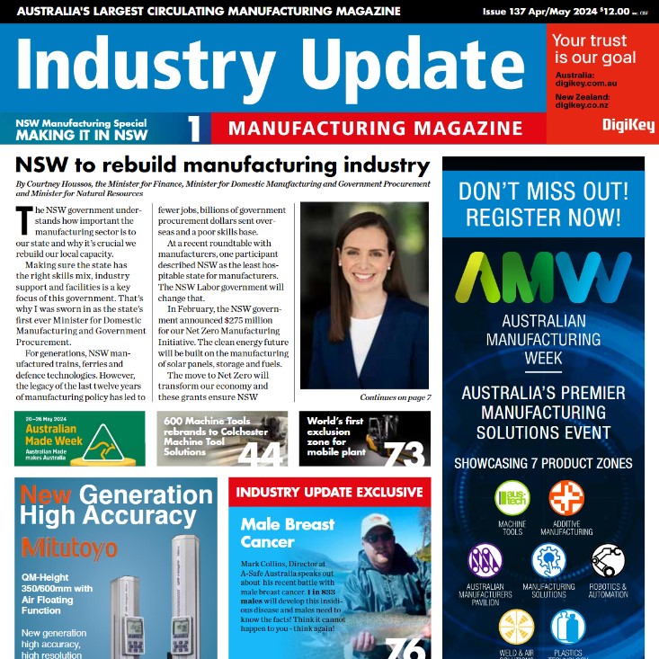 Cover of the April/May 2024 issue of Industry Update Manufacturing Magazine with the Packserv Australia advert.