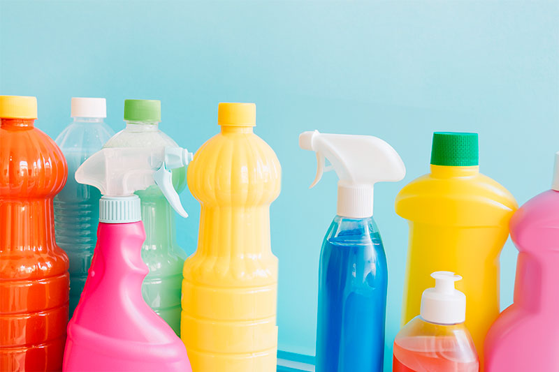 Various chemical substances including detergents, disinfectants, cleaners, and paints.