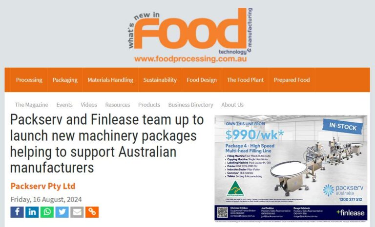 Cover image of 'What's New in Food Technology & Manufacturing' featuring Packserv and Finlease's collaboration on new machinery packages for Australian manufacturers.