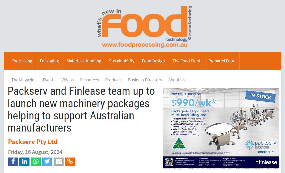 Cover image of 'What's New in Food Technology & Manufacturing' featuring Packserv and Finlease's collaboration on new machinery packages for Australian manufacturers.