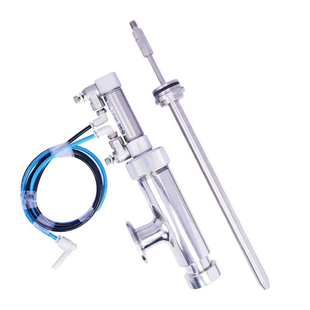 Positive Shut-Off Nozzle, 240mm length, 12.5mm diameter, inward-opening design for precise liquid filling operations.