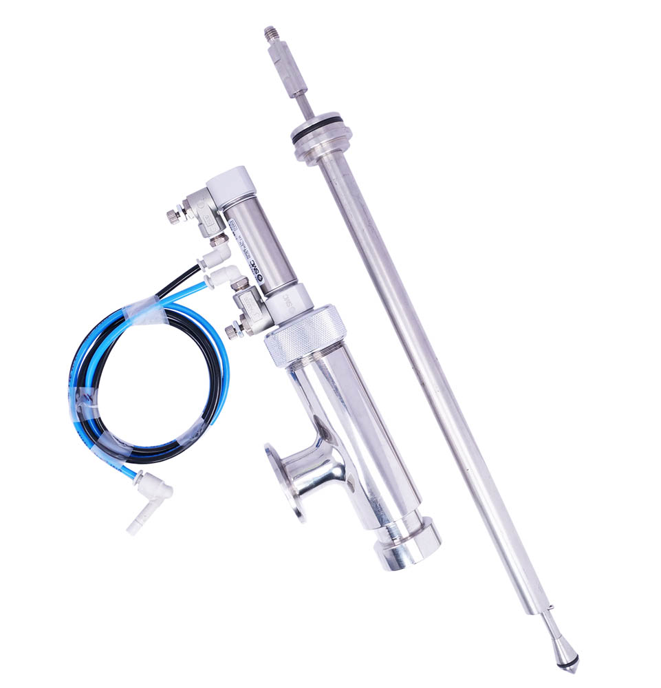 Positive Shut-Off Nozzle with a 240mm length and 16mm diameter, featuring an outward-opening design for industrial liquid filling.