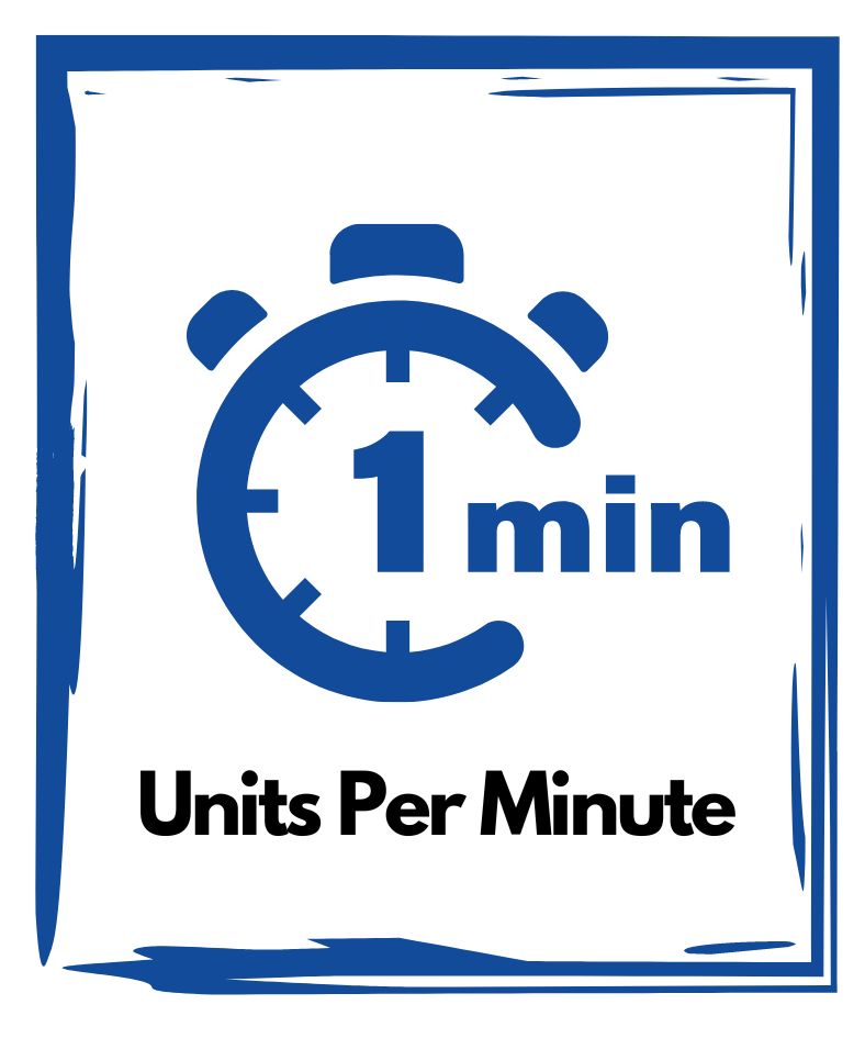 Close-up graphic showing the concept of Units Per Minute (UPM), representing production speed for Packserv equipment.