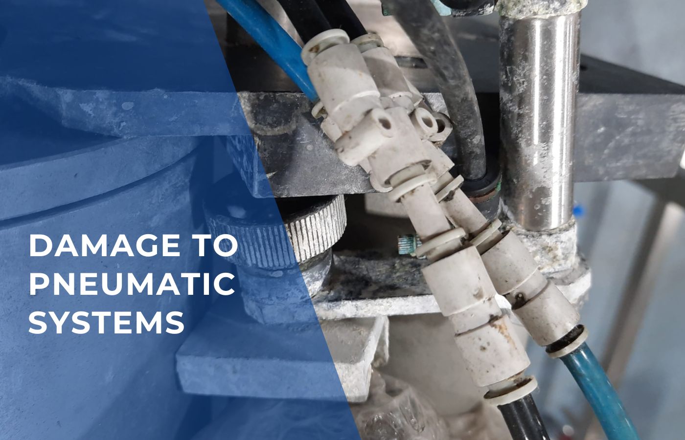 Industrial pneumatic system components affected by moisture and particle buildup.